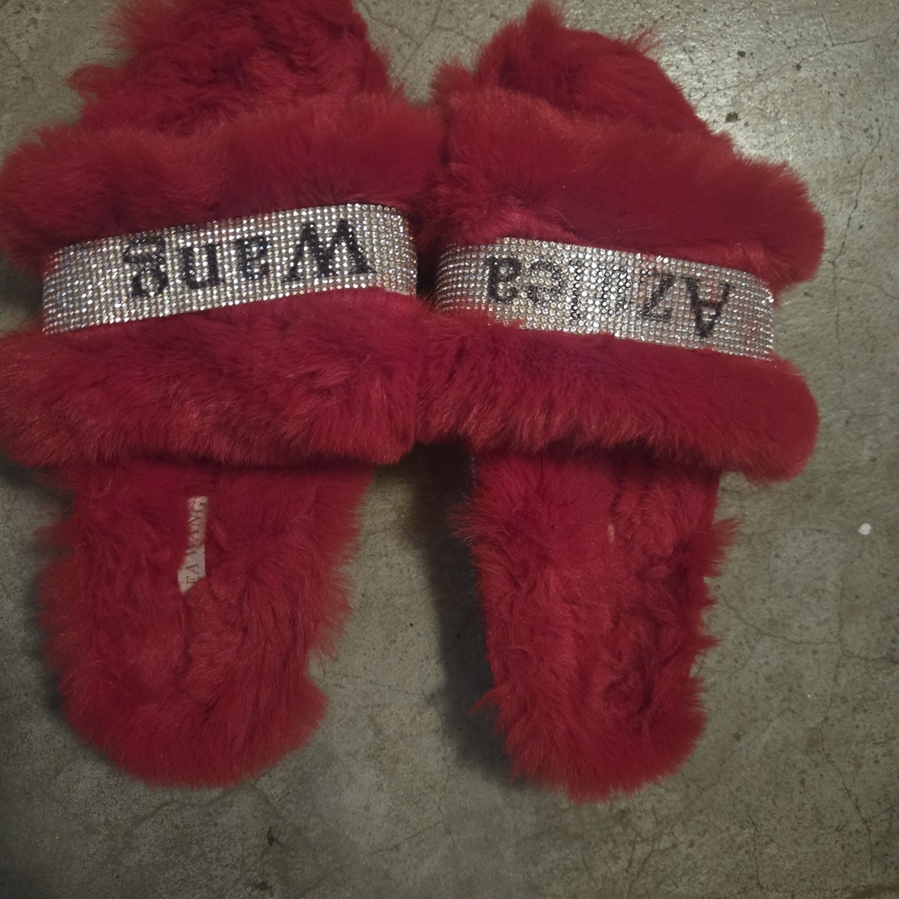 AKIRA Red Furry Slippers with Rhinestone Band